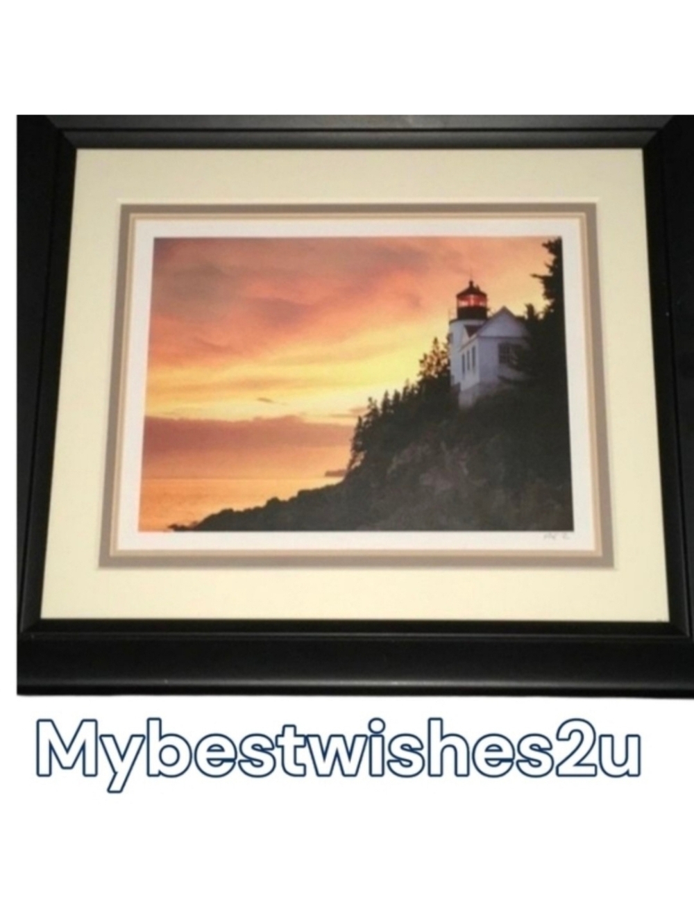 Lighthouse signed / framed, double‎ matted, black frame does have imperfection